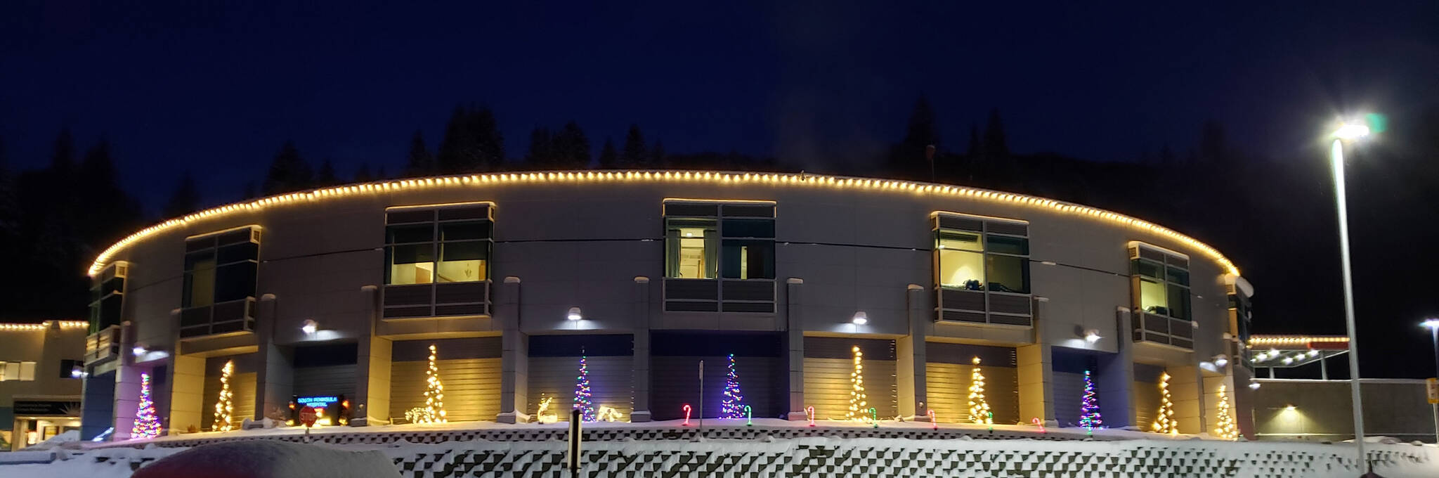 Lights decorate the patient wing of South Peninsula Hospital on Nov. 30, 2021, in Homer, Alaska. (Photo courtesy South Peninsula Hospital)