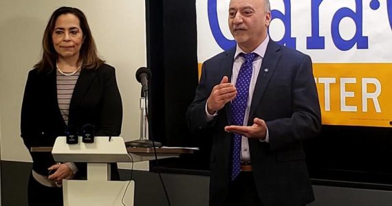 Gubernatorial candidate Les Gara, right, announced as his running mate Jessica Cook, left, an Eagle River school teacher, at a news conference in Anchorage on Monday, Feb. 14, 2022. (Courtesy photo / Erin Kirkland)