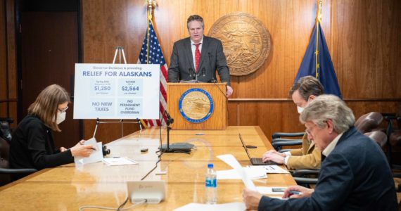 Gov. Mike Dunleavy speaks during a press conference on Thursday in Juneau. (Photo courtesy Kevin Goodman, Office of the Governor)