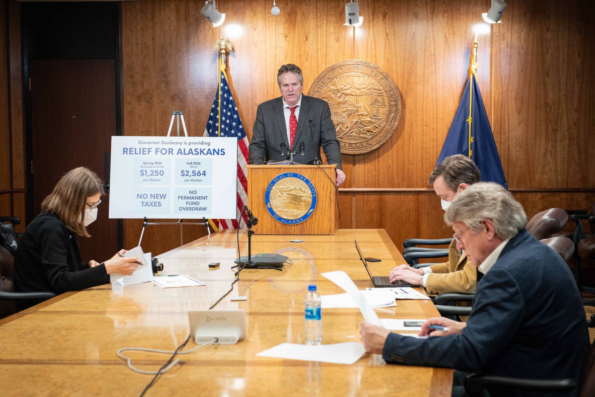 Gov. Mike Dunleavy speaks during a press conference on Thursday in Juneau. (Photo courtesy Kevin Goodman, Office of the Governor)
