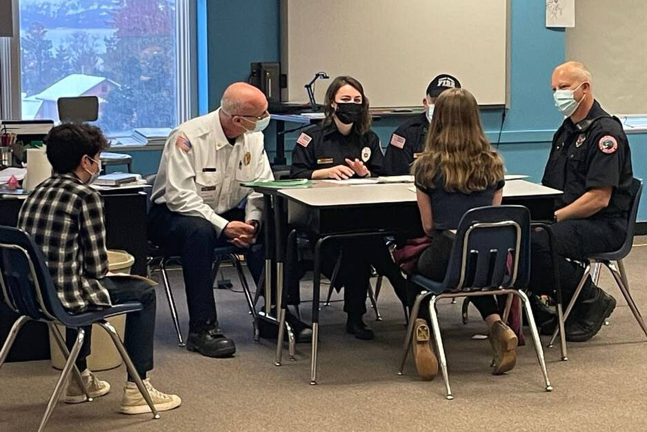 A Homer Middle School eighth grader is interviewed by Kachemak Emergency Services during the career day exercise on Feb. 15. (Photo by Sarah Brewer)