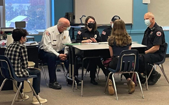 A Homer Middle School eighth grader is interviewed by Kachemak Emergency Services during the career day exercise on Feb. 15. (Photo by Sarah Brewer)