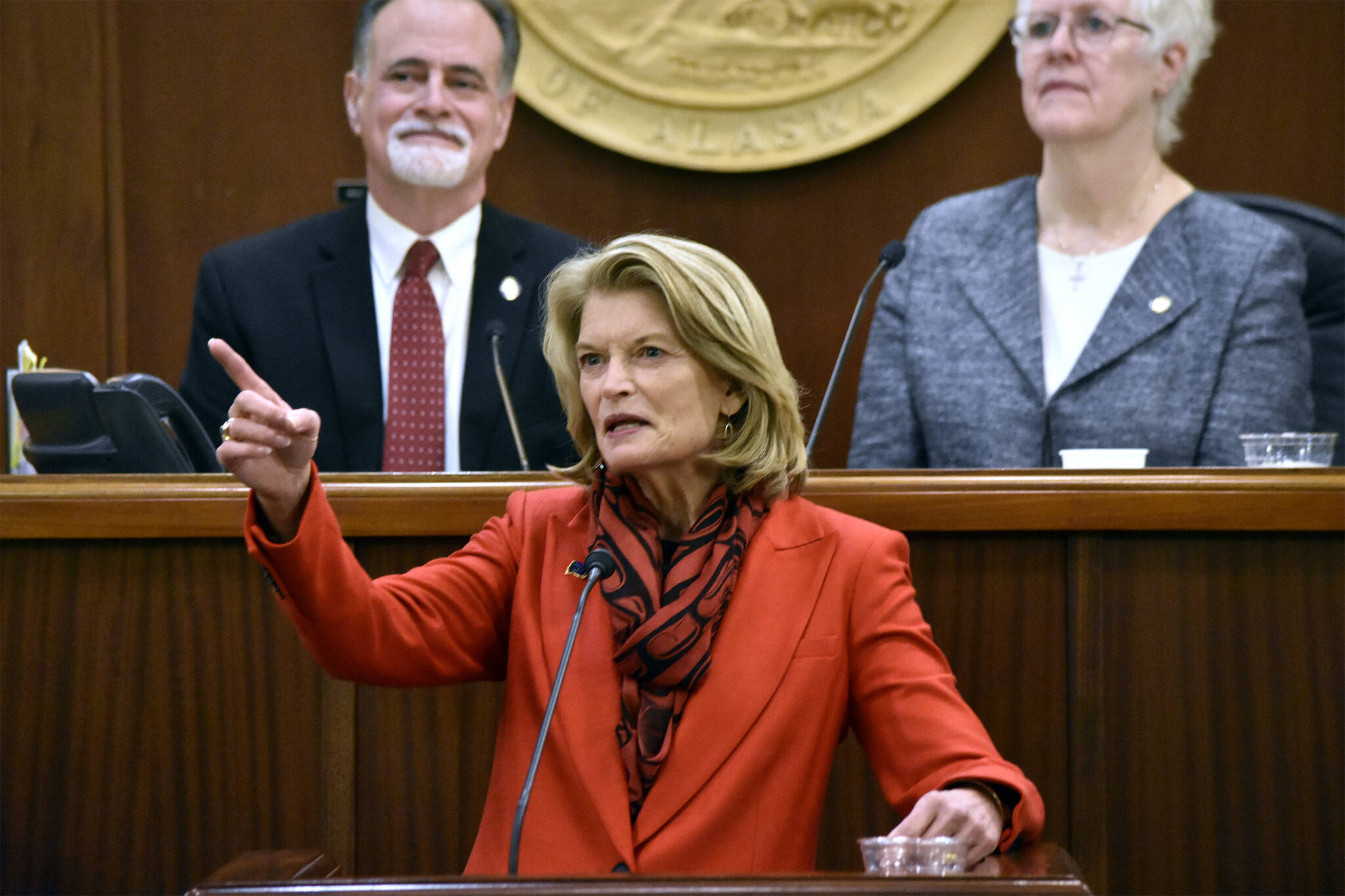 U.S. Sen. Lisa Murkowski, R-Alaska, gave her annual address to the Alaska State Legislature Tuesday, Feb. 22, 2022, at the Capitol building in Juneau. Murkowski's speech emphasized bipartisanship and making Alaska ready for the opportunities brought by the recent infrastructure package. (Peter Segall / Juneau Empire)