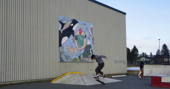 A group of young people try out the thawed skate park on Monday, Feb. 28, 2022, at the Homer Education and Recreation Complex in Homer, Alaska. The Homer City Council met Monday and heard a report by Stantec staff on a proposed design for a new community center to go on the HERC site. The design includes a skate park. (Photo by Michael Armstrong/Homer News)