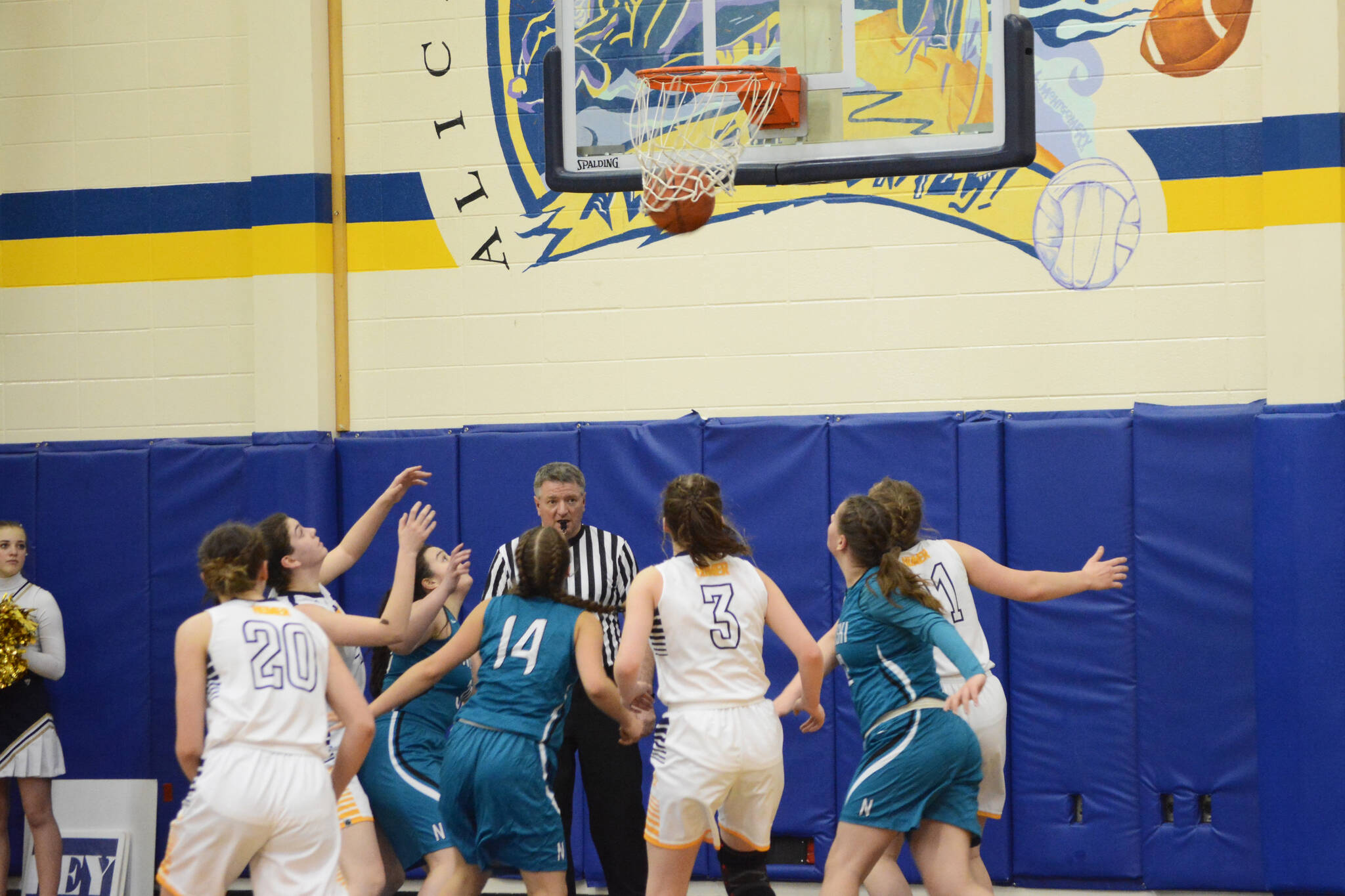 Lady Mariner Delilah Harris makes a basket against the Nikiski Bulldogs during Senior Night on Friday, Feb. 25, 2022, at the Alice Witte Gym at Homer High School in Homer, Alaska. (Photo by Michael Armstrong/Homer News)