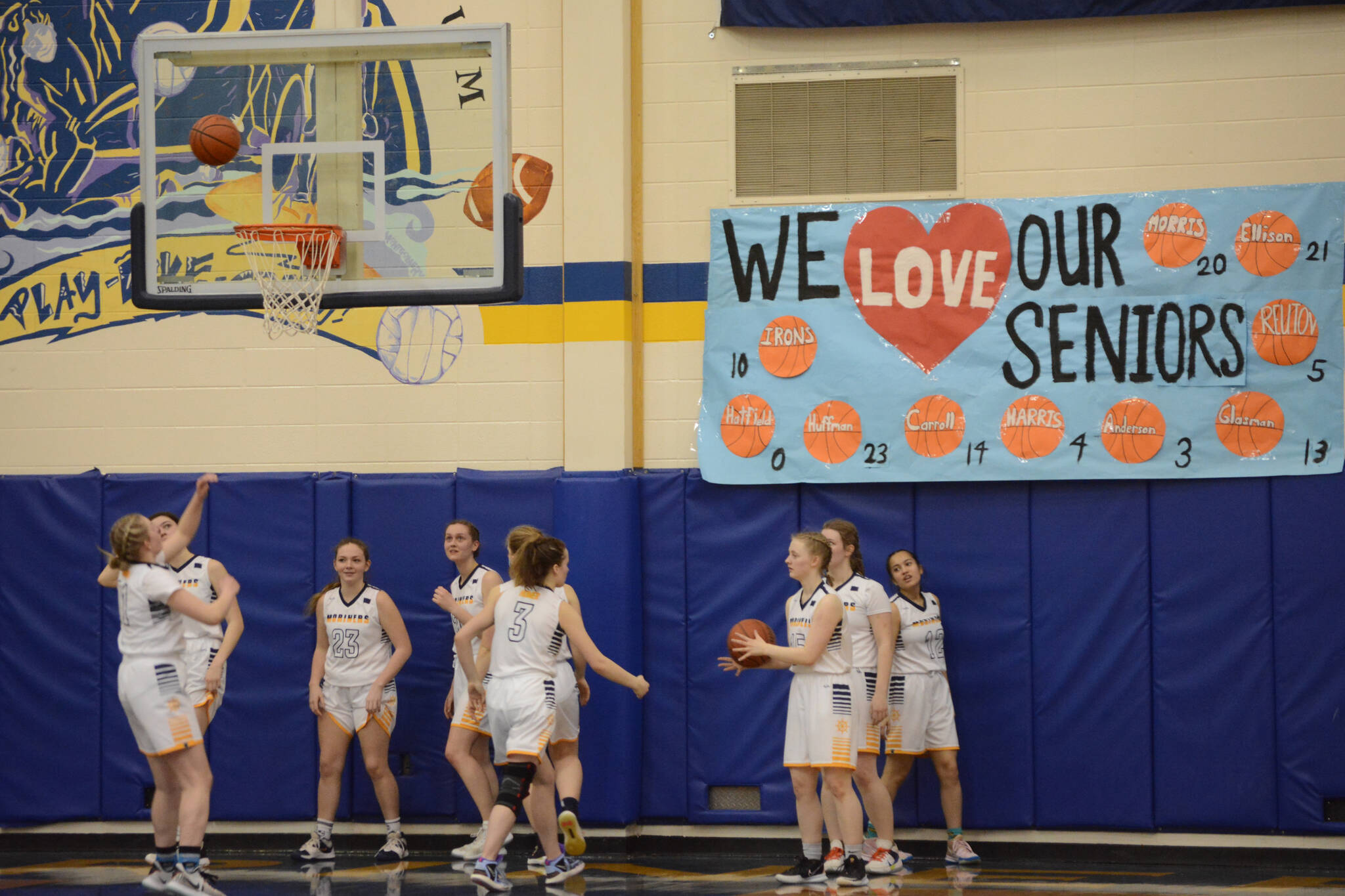 The Lady Mariners warm up in a game against the Nikiski Bulldogs during Senior Night on Friday, Feb. 25, 2022, at the Alice Witte Gym at Homer High School in Homer, Alaska. (Photo by Michael Armstrong/Homer News)