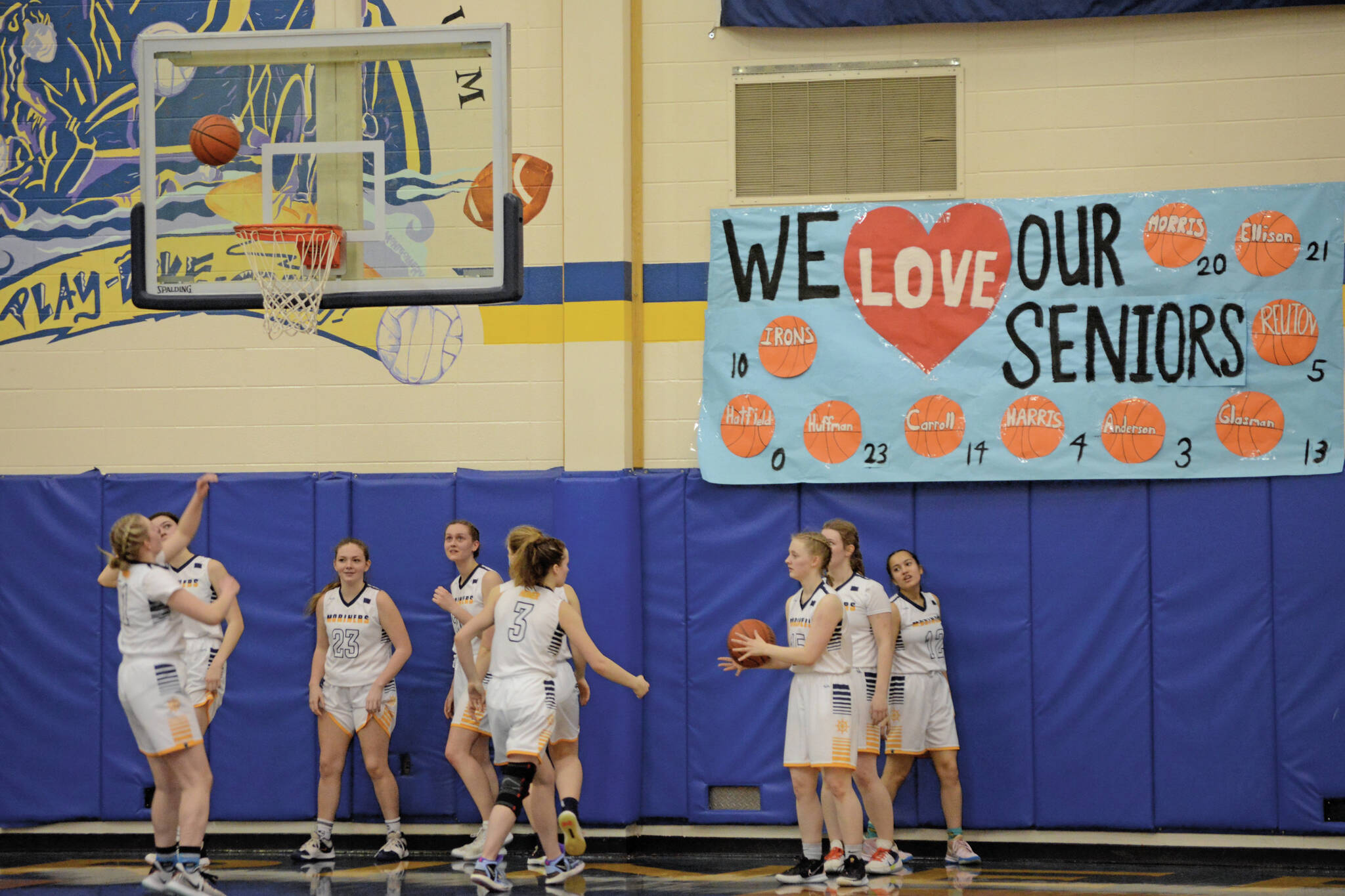 The Lady Mariners warm up in a game against the Nikiski Bulldogs during Senior Night on Friday, Feb. 25, 2022, at the Alice Witte Gym at Homer High School in Homer, Alaska. (Photo by Michael Armstrong/Homer News)