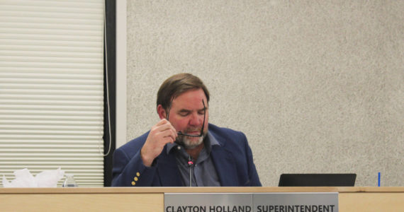 Kenai Peninsula Borough School District Superintendent Clayton Holland speaks during a board meeting on Monday, Dec. 6, 2021 in Soldotna, Alaska. (Ashlyn O’Hara/Peninsula Clarion)
