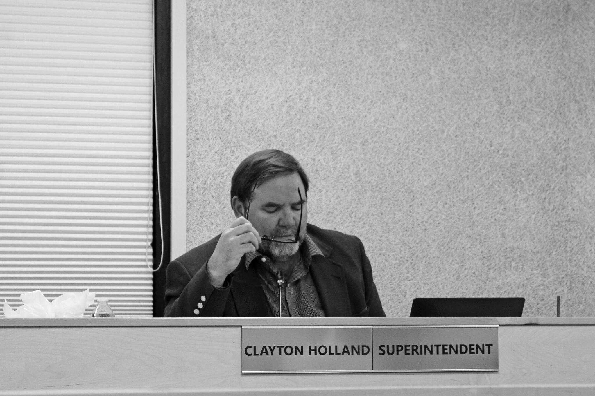 Photo by Ashlyn O’Hara/Peninsula Clarion
Kenai Peninsula Borough School District Superintendent Clayton Holland speaks during a board meeting on Monday, Dec. 6, 2021 in Soldotna.