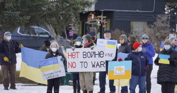 About 45 people participated in a demonstration on Thursday, March 3, 2022, at WKFL Park in Homer, Alaska, in support of Ukraine and against the Russian invasion. (Photo by Michael Armstrong/Homer News)