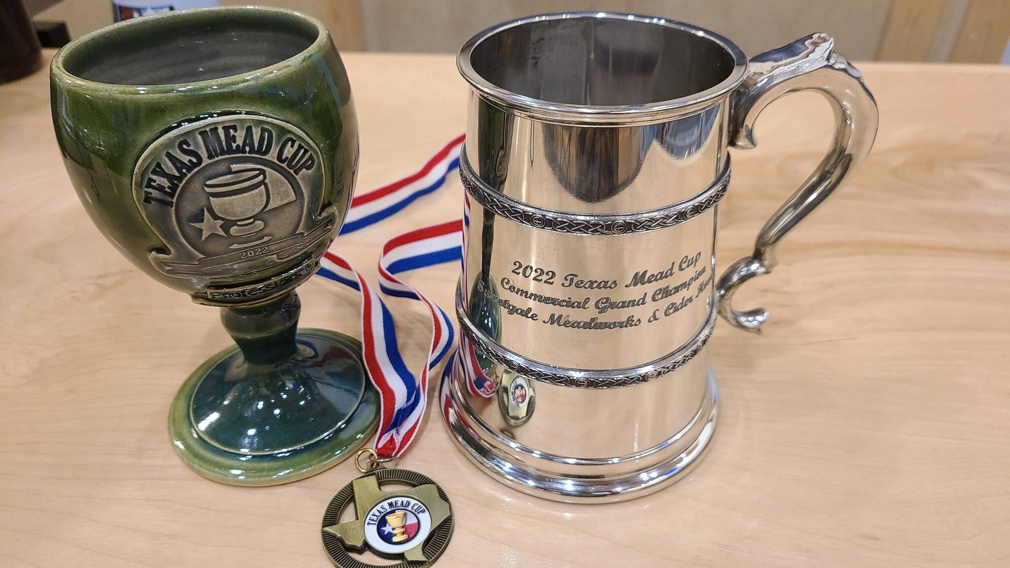 Photo by Jason Davis
Sweetgale Meadworks & Cider House owner Jason Davis received these awards for Best in Show at the 9th annual Texas Mead Cup, held in February. The Alpine Blueberry Mead from Sweetgale also took first place in the berry melomel category.