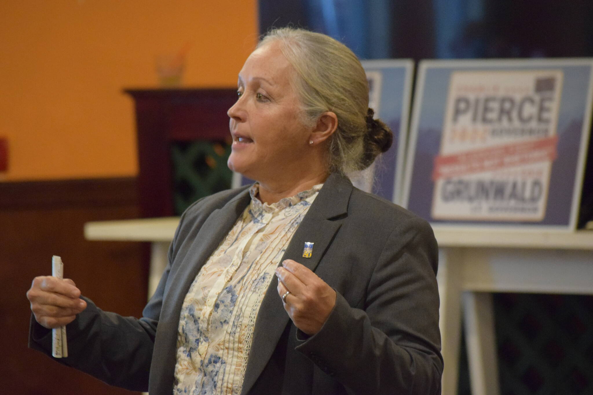 Lieutenant Governor candidate Edie Grunwald speaks at a Charlie Pierce campaign event at Paradisos restaurant in Kenai on Saturday, March 5, 2022. (Camille Botello/Peninsula Clarion)