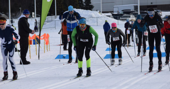 Camille Botello/Peninsula Clarion 
Skiers take off for the men’s 40K freestyle race at Sunday’s Tour of Tsalteshi event just outside of Soldotna on Sunday, Feb. 20, 2022.