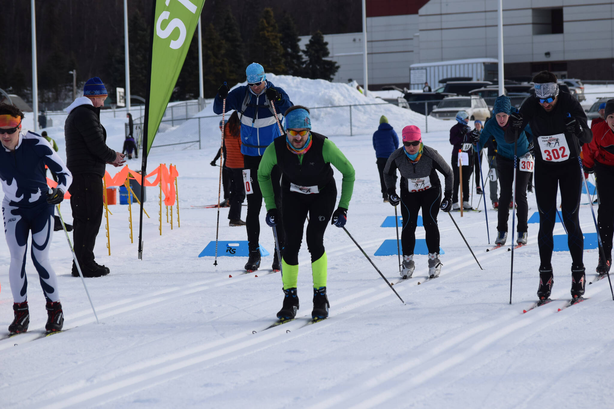 Camille Botello/Peninsula Clarion 
Skiers take off for the men’s 40K freestyle race at Sunday’s Tour of Tsalteshi event just outside of Soldotna on Sunday, Feb. 20, 2022.
