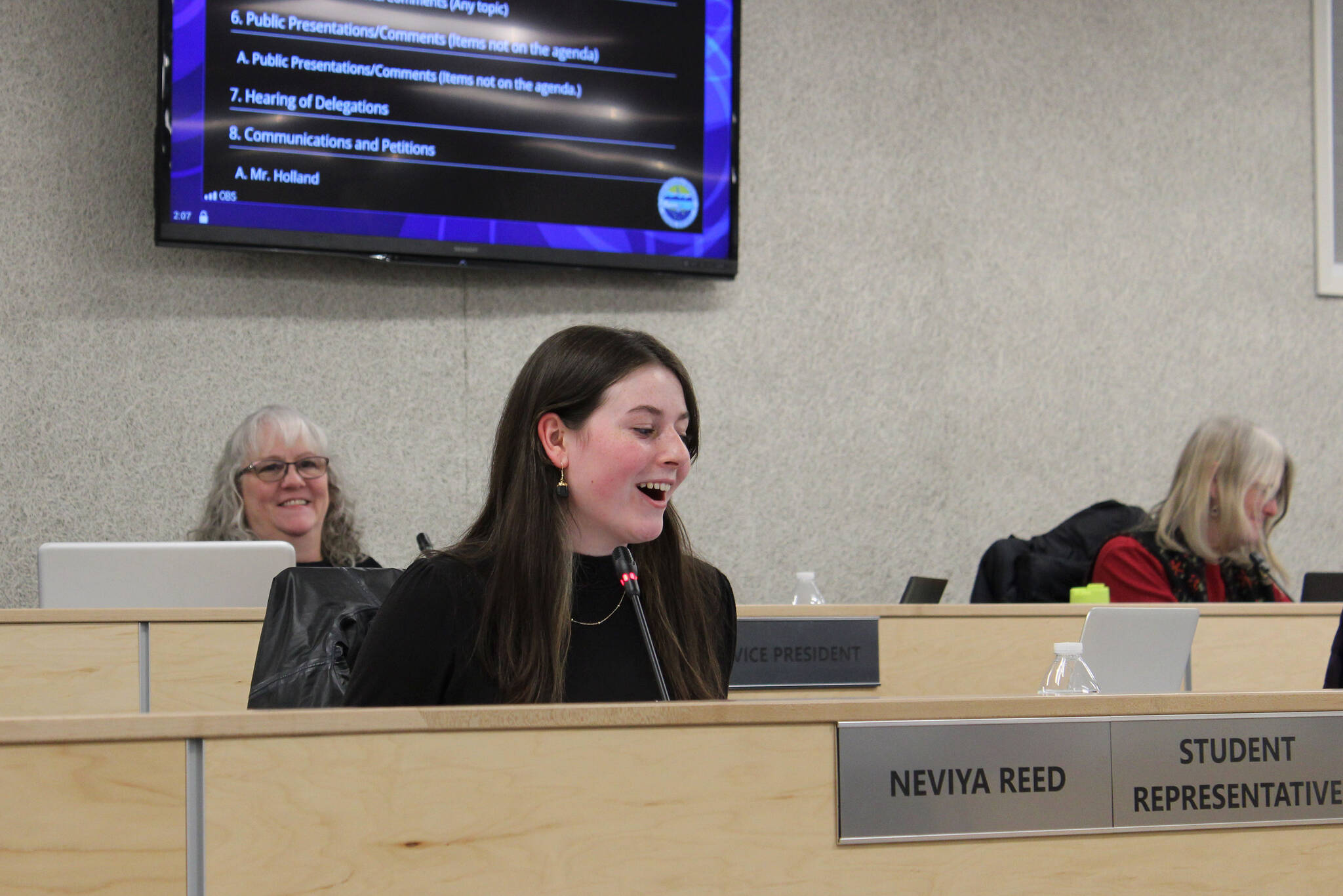 Homer High School student and Kenai Peninsula Borough School District Board of Education Student Representative Neviya Reed speaks during a board meeting on Monday, March 14, 2022 in Soldotna, Alaska. (Ashlyn OHara/Peninsula Clarion)