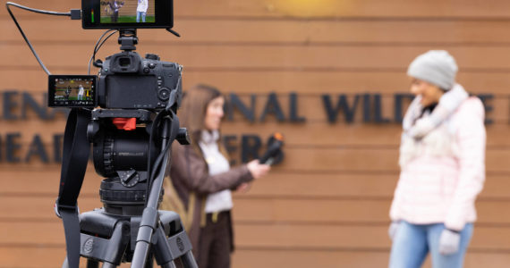 Filming the introduction to the Kenai National Wildlife Refuge’s biology team's use of science and technology at work at the refuge headquarters in Soldotna, Alaska. (Photo by Lisa Hupp/USFWS)