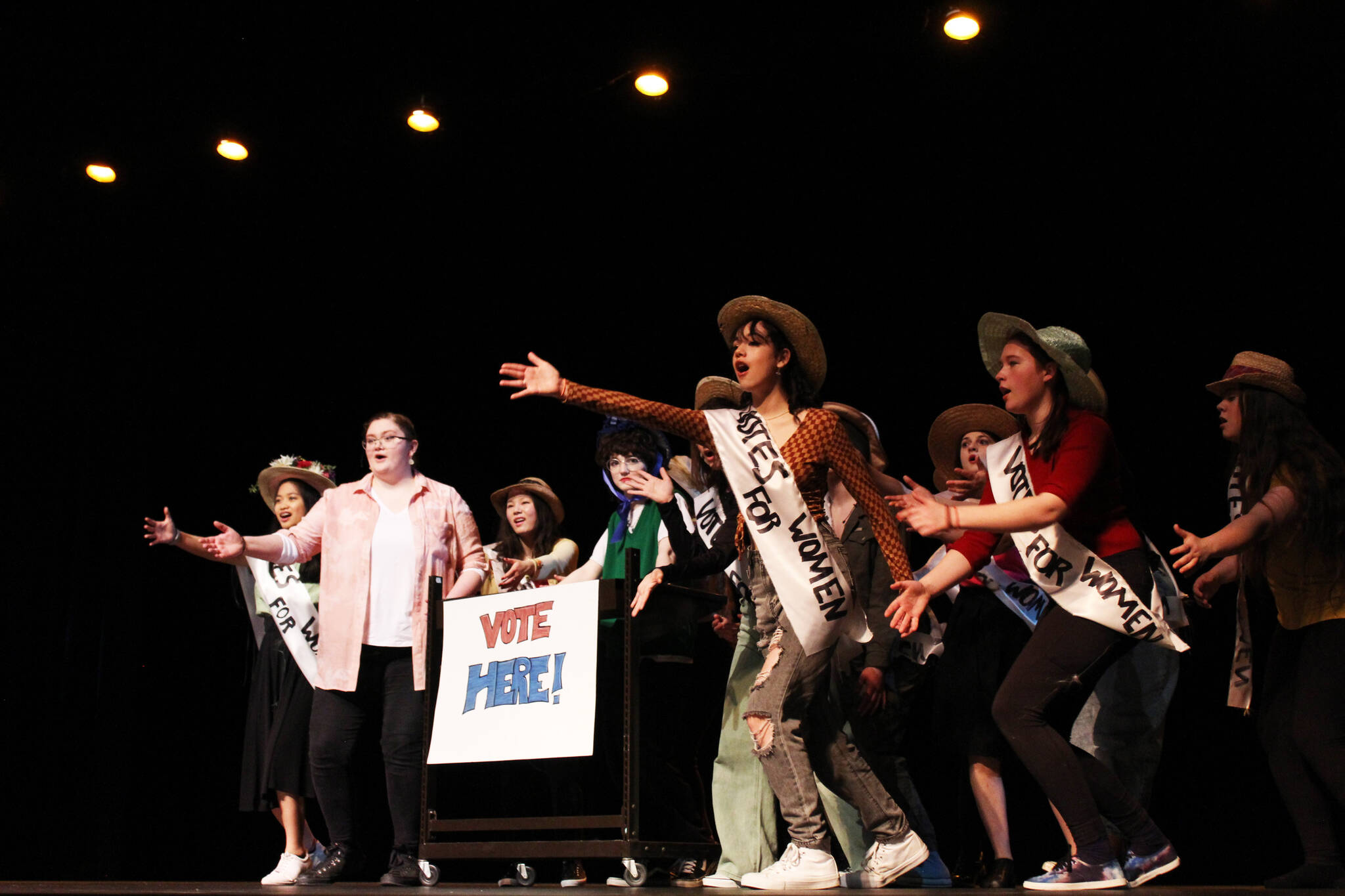 Homer High School students rehearse on Thursday, March 24, 2022, for their production of “Schoolhouse Rocks!” The musical showed last weekend. (Photo by Mariah McGuire/Homer High School Mariner Year Book)