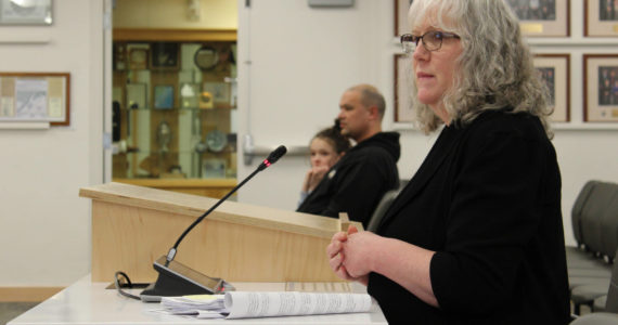 Kenai Peninsula Borough School District Board member Debbie Cary speaks during a meeting of the Kenai Peninsula Borough Assembly on Tuesday, April 5, 2022, in Soldotna, Alaska. Cary also served on the borough’s reapportionment board. (Ashlyn O’Hara/Peninsula Clarion)