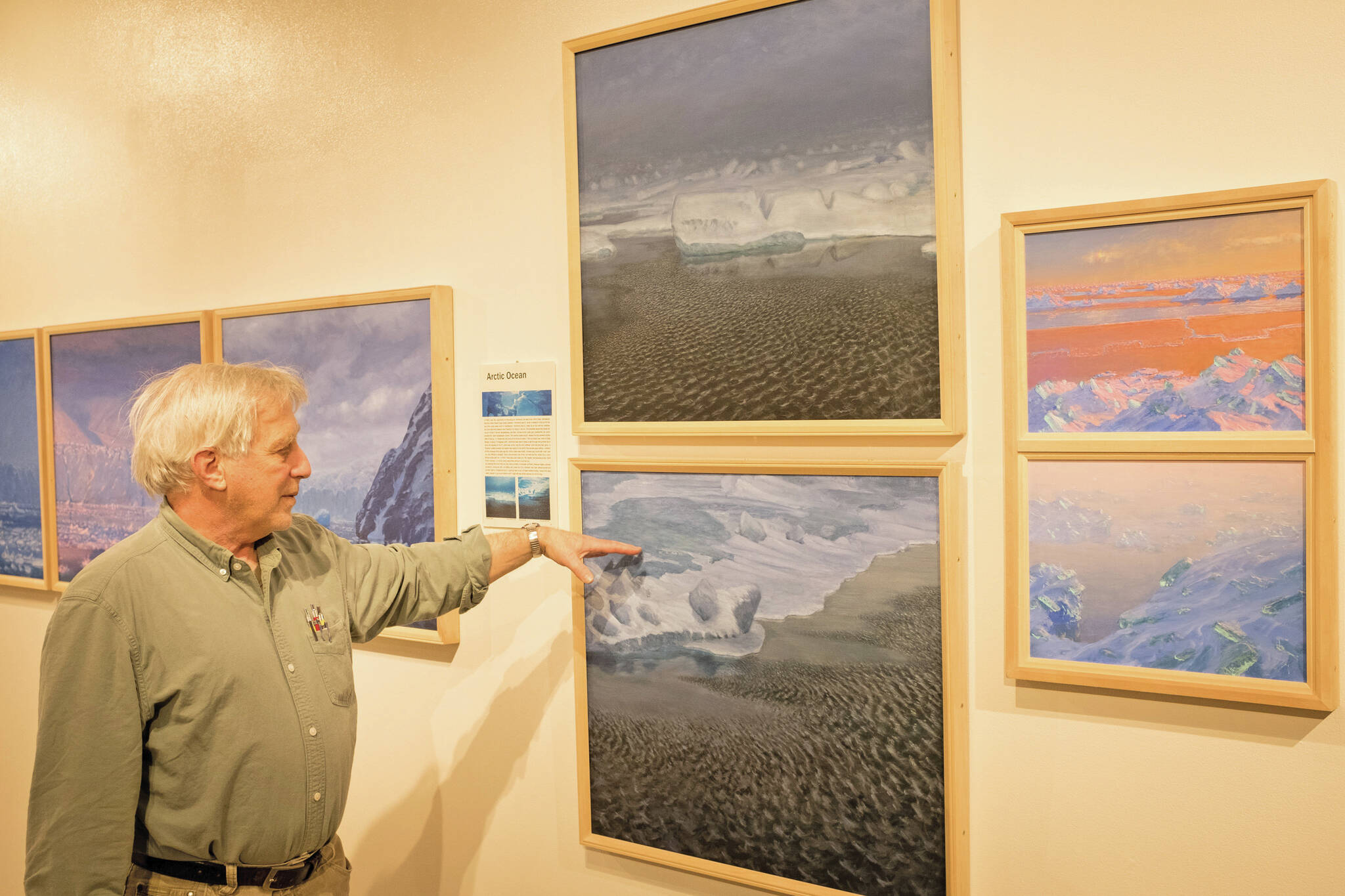 Photo by Sean McDermott 
David Rosenthal describes work from his travels around the Arctic Ocean and through the Northwest Passage from his show, “Painting at the Edge of the Ice Age,” at the Pratt Museum & Park in Homer, Alaska.