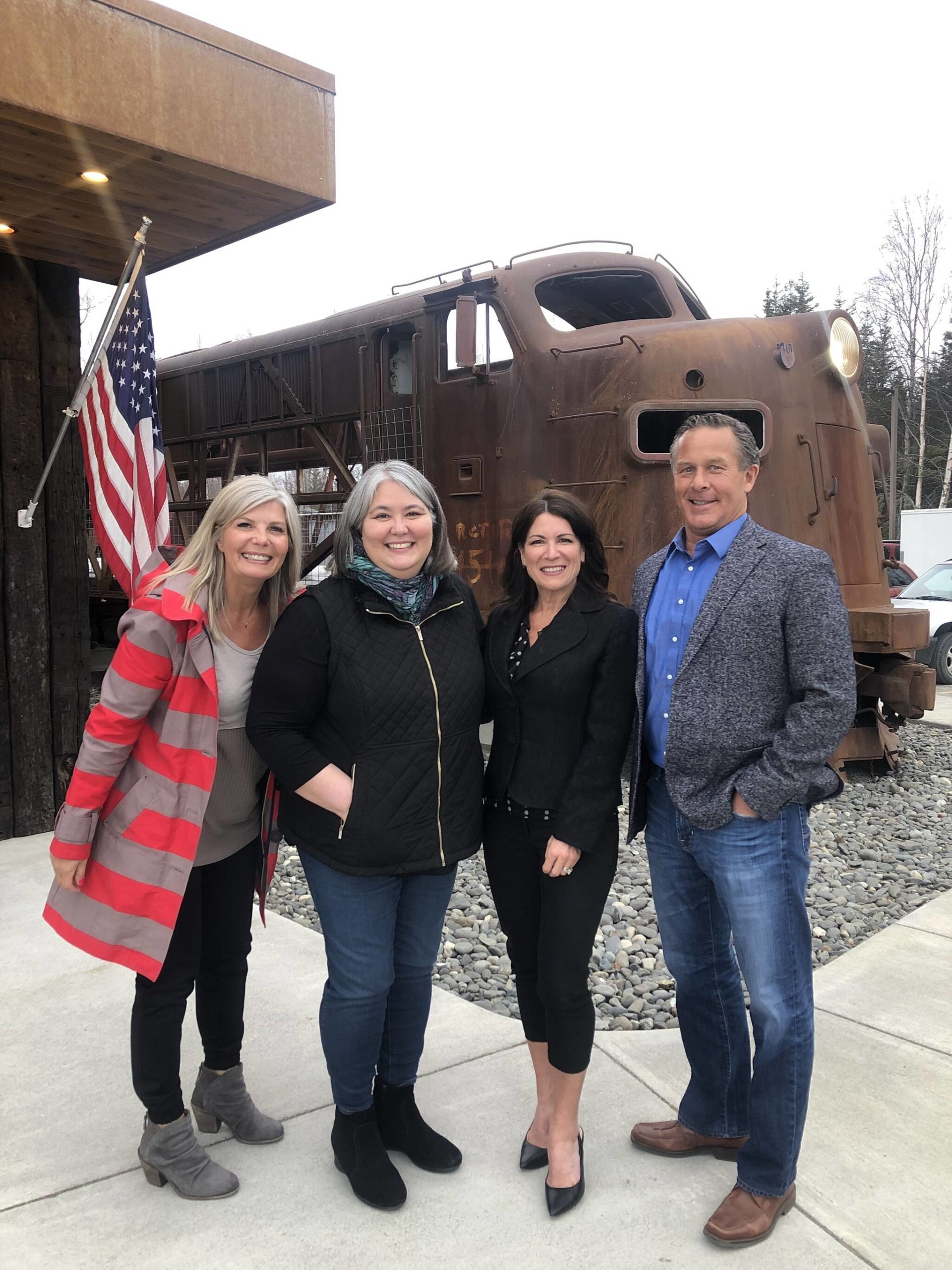 (From left) Regina Daniels Davis, Tara Sweeney, Sara Erickson and Greg Erickson attend a campaign meet and greet at Addie Camp on Saturday, April 16, 2022 in Soldotna, Alaska. Sweeney is running to fill the seat of former U.S. House Rep. Don Young, who died in March. (Photo courtesy Karina Waller)