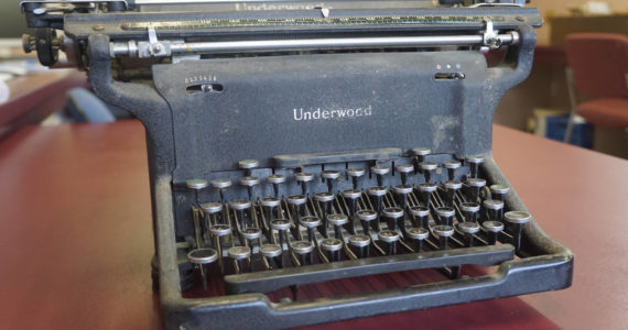 A vintage Underwood typewriter sits on a table on Tuesday, Feb. 22, 2022, at the Homer News in Homer, Alaska. (Photo by Michael Armstrong/Homer News)