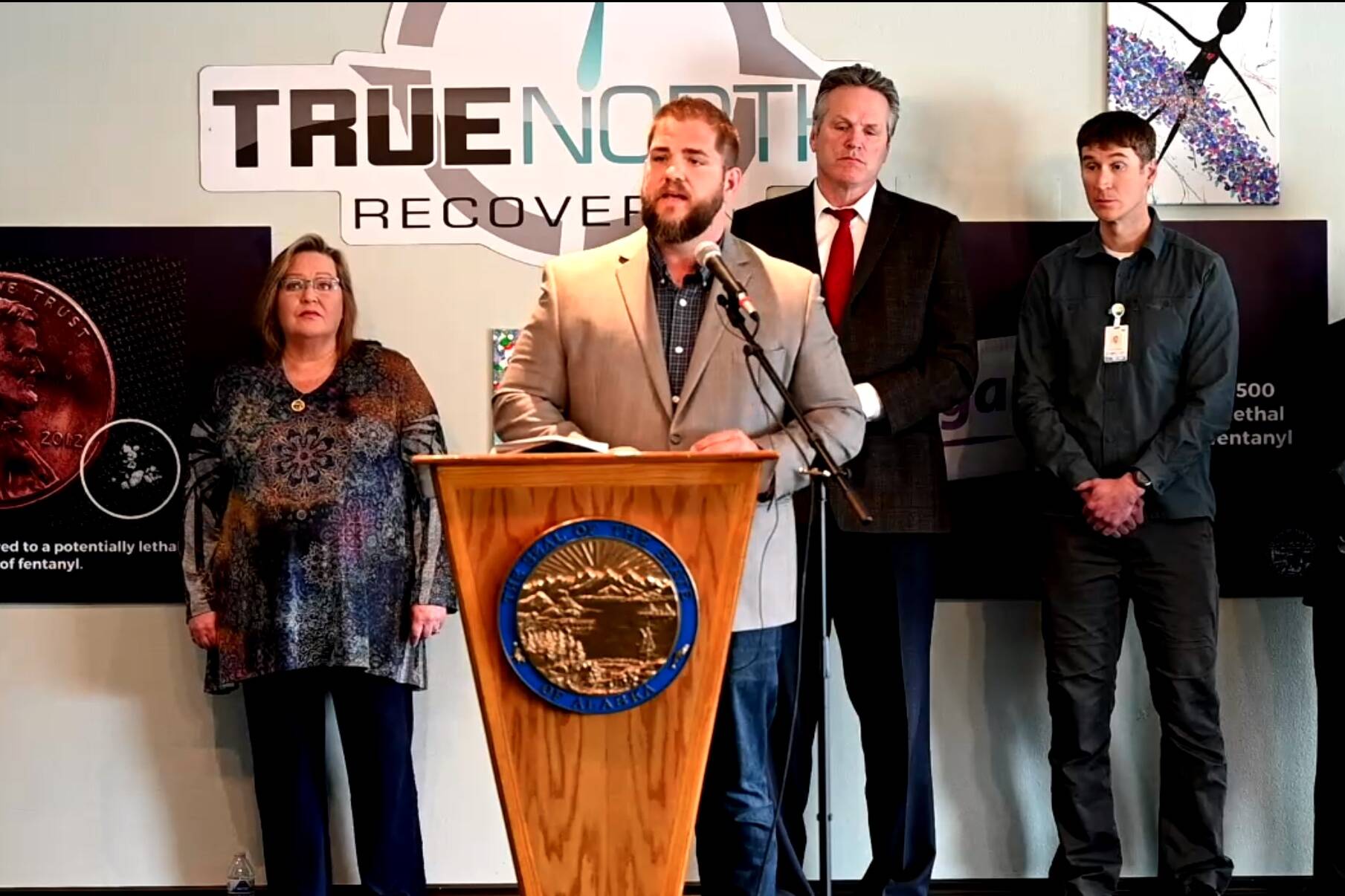 Department of Health and Social Services Commissioner Adam Crum, speaks at a news conference with Gov. Mike Dunleavy about the state's efforts to combat the increase in drug overdoses driven by the synthetic opioid fentanyl, on Tuesday, May 3, 2022. (Screenshot)