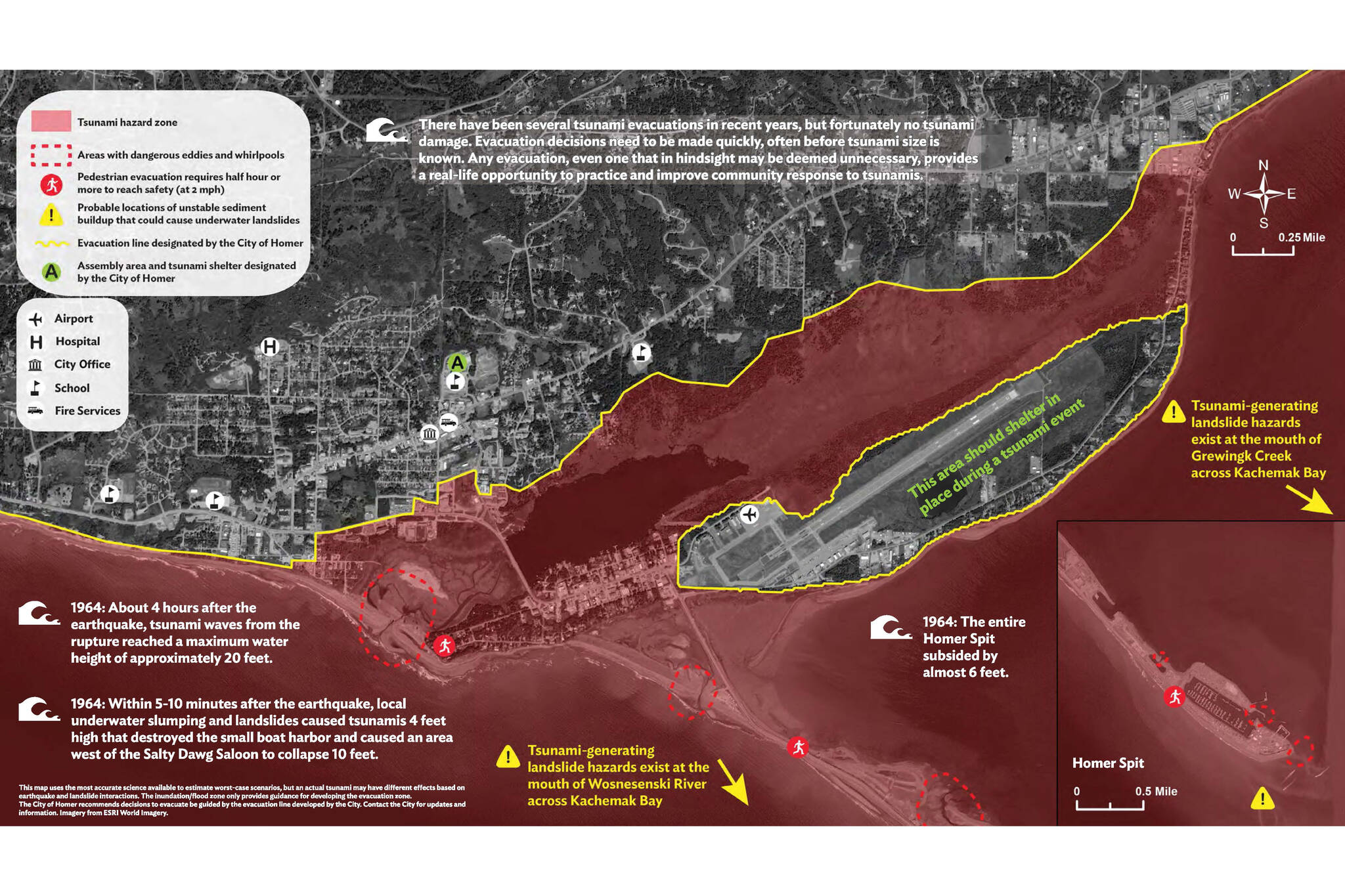 This illustration from the May 9, 2022, Homer City Manager's Report shows a draft map from a proposed tsunami brochure being developed by the City of Homer to educate visitors and residents about tsunami hazards in Homer, Alaska. The yellow line suggests the borders of the area people should leave in the event of tsunami evacuation order, but some places within that area are not in an inundation zone, such as the Homer Police Station. (Photo courtesy of City of Homer)