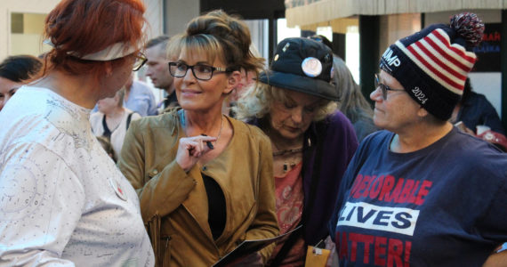 Former Alaska governor and current congressional hopeful Sarah Palin speaks with attendees at a meet-and-greet event outside Ginger’s Restaurant on Saturday, May 14, 2022, in Soldotna, Alaska. (Ashlyn O’Hara/Peninsula Clarion)