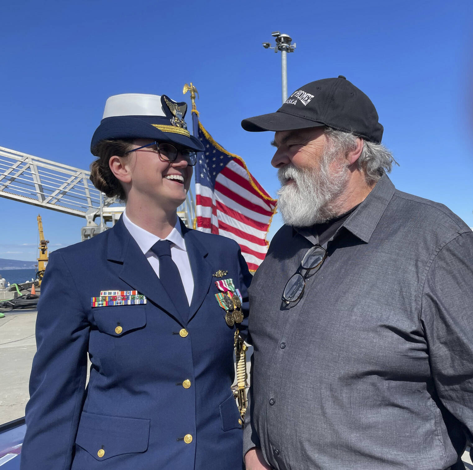 Lt. Commander Shea Winterberger is welcomed to Homer, Alaska, by Homer Mayor Ken Castner at change of command ceremonies on May 19, 2022. (Photo by McKibben Jackinsky)