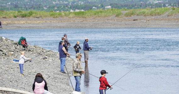 Fishermen young and old try their luck at the Nick Dudiak Fishing Lagoon on June 4, 2020, on the Homer Spit in Homer, Alaska. (Photo by Michael Armstrong/Homer News)
