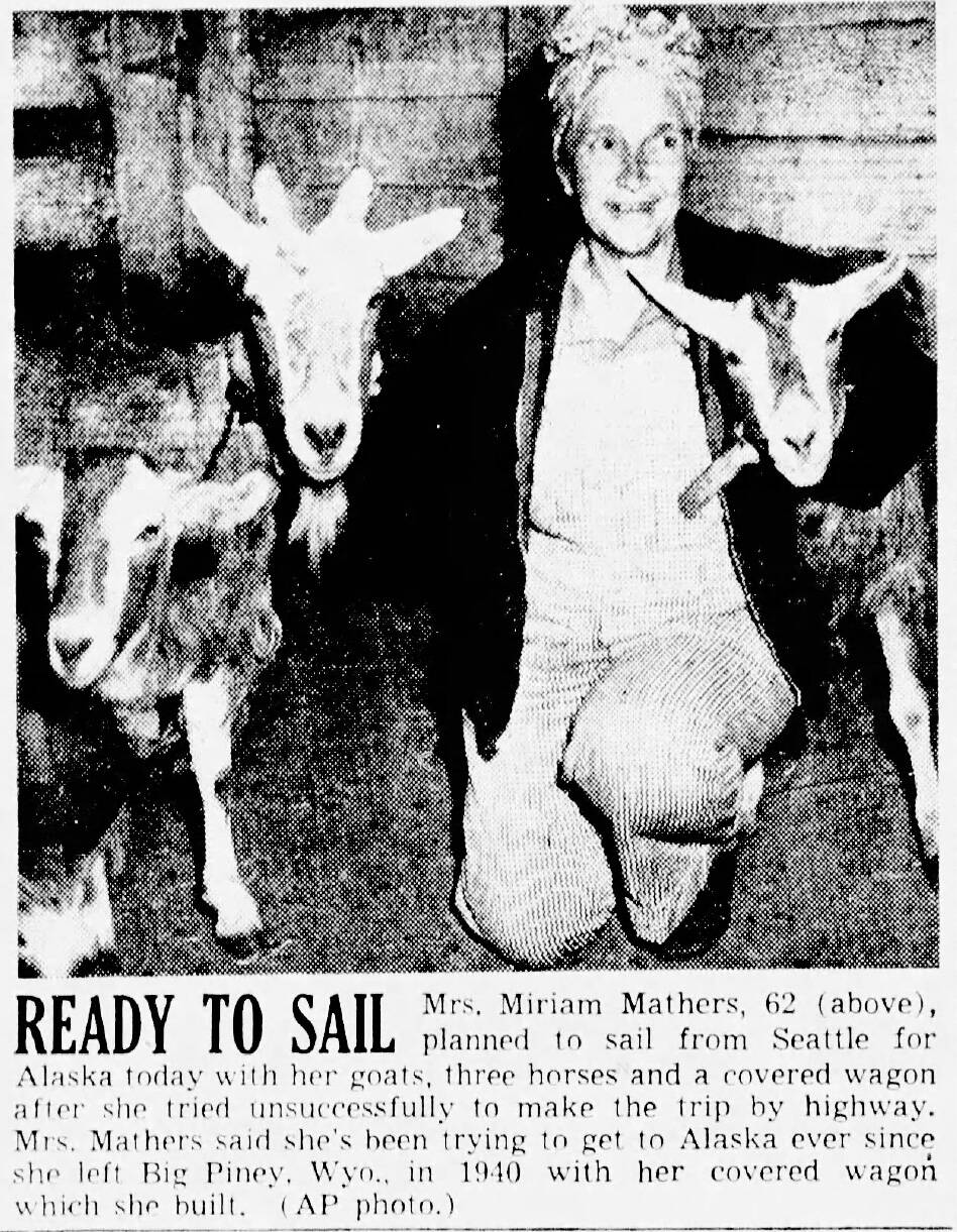 On Oct. 3, 1945, the Spokane Chronicle published this A.P. photo of Miriam Mathers and her goats as she prepared to board a Seattle steamship bound for Seward.