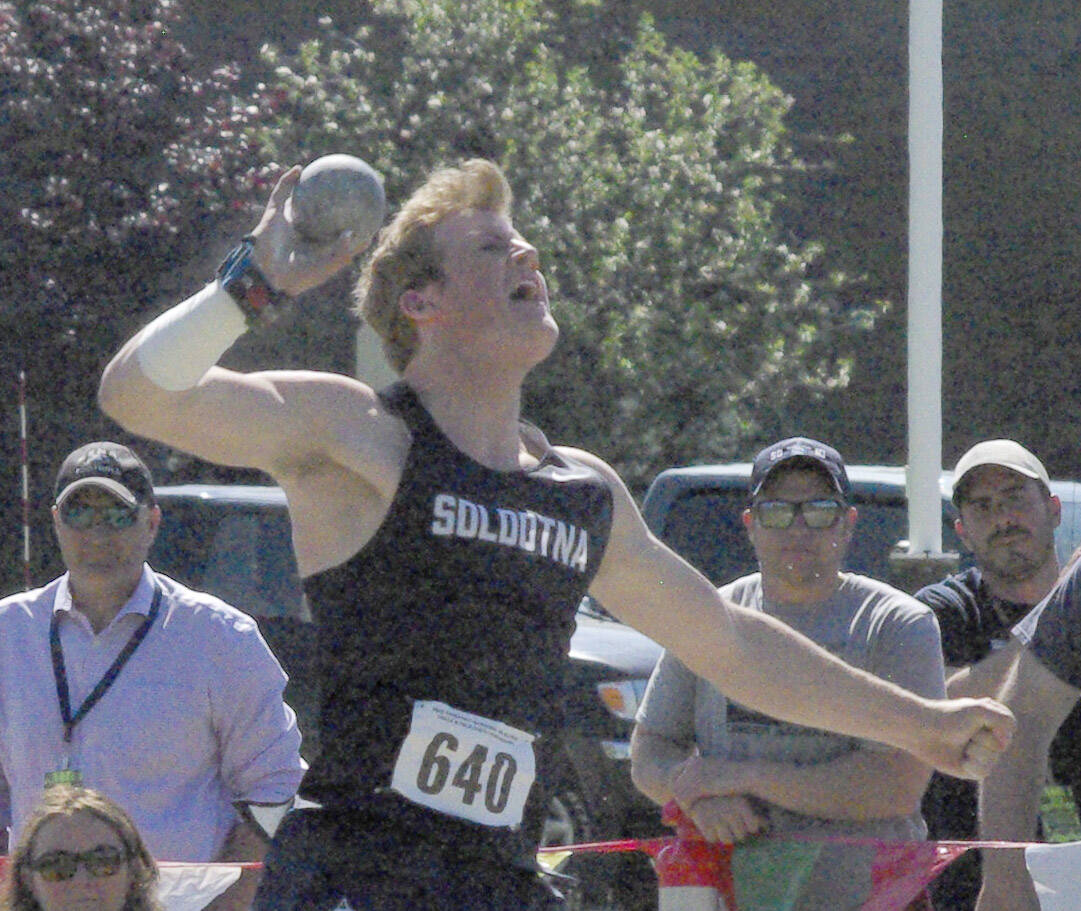 Soldotna’s Dylan Dahlgren finishes second in the boys Division I shot put Saturday, May 28, 2022, at the Division I state track and field meet at Dimond High School in Anchorage, Alaska. (Photo by Jeff Helminiak/Peninsula Clarion)