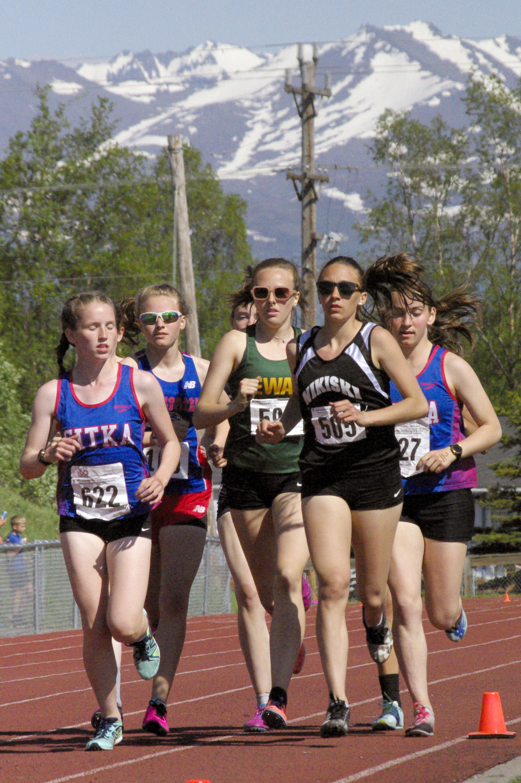Nikiski’s Rylee Ellis finishes second in the girls Division II 800 meters Saturday, May 28, 2022, at the Division II state track and field meet at Dimond High School in Anchorage, Alaska. (Photo by Jeff Helminiak/Peninsula Clarion)