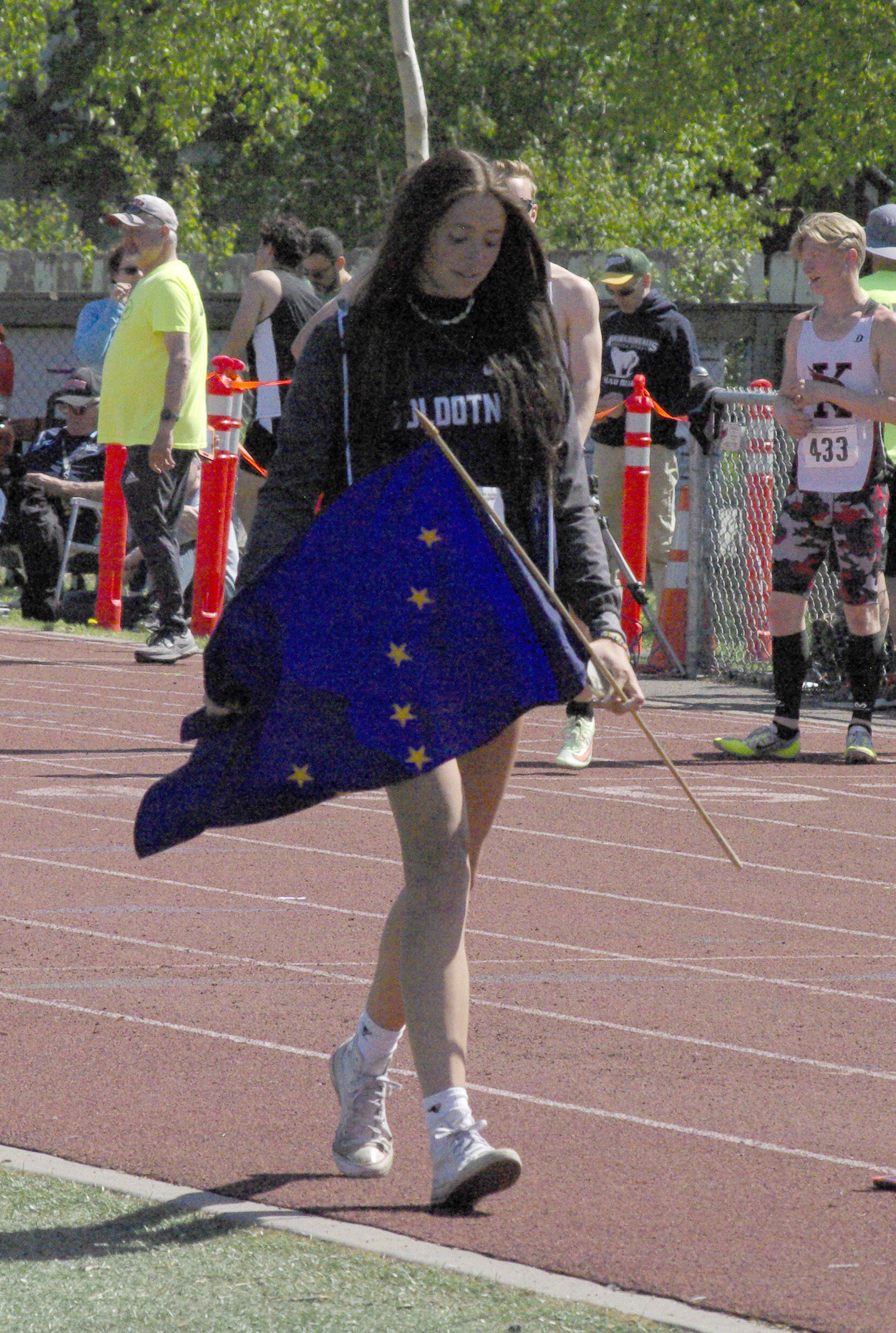 Soldotna’s Adarra Hagelund is recognized for winning the girls Division I high jump Saturday, May 28, 2022, at the Division I state track and field meet at Dimond High School in Anchorage, Alaska. (Photo by Jeff Helminiak/Peninsula Clarion)