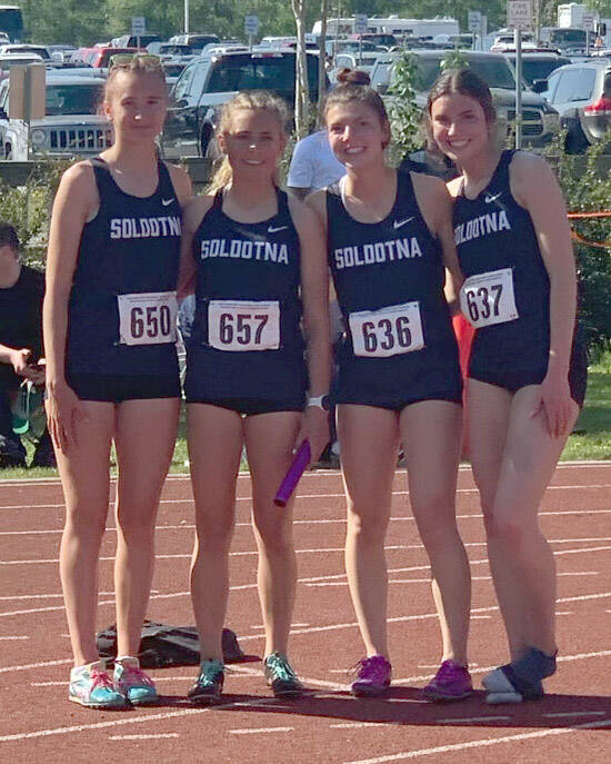 Soldotna’s Jordan Ruffner, Jordan Strausbaugh, Annie Burns and Ellie Burns won the girls Division I 3,200-meter relay Saturday, May 28, 2022, at the Division I state track and field meet at Dimond High School in Anchorage, Alaska. (Photo provided)