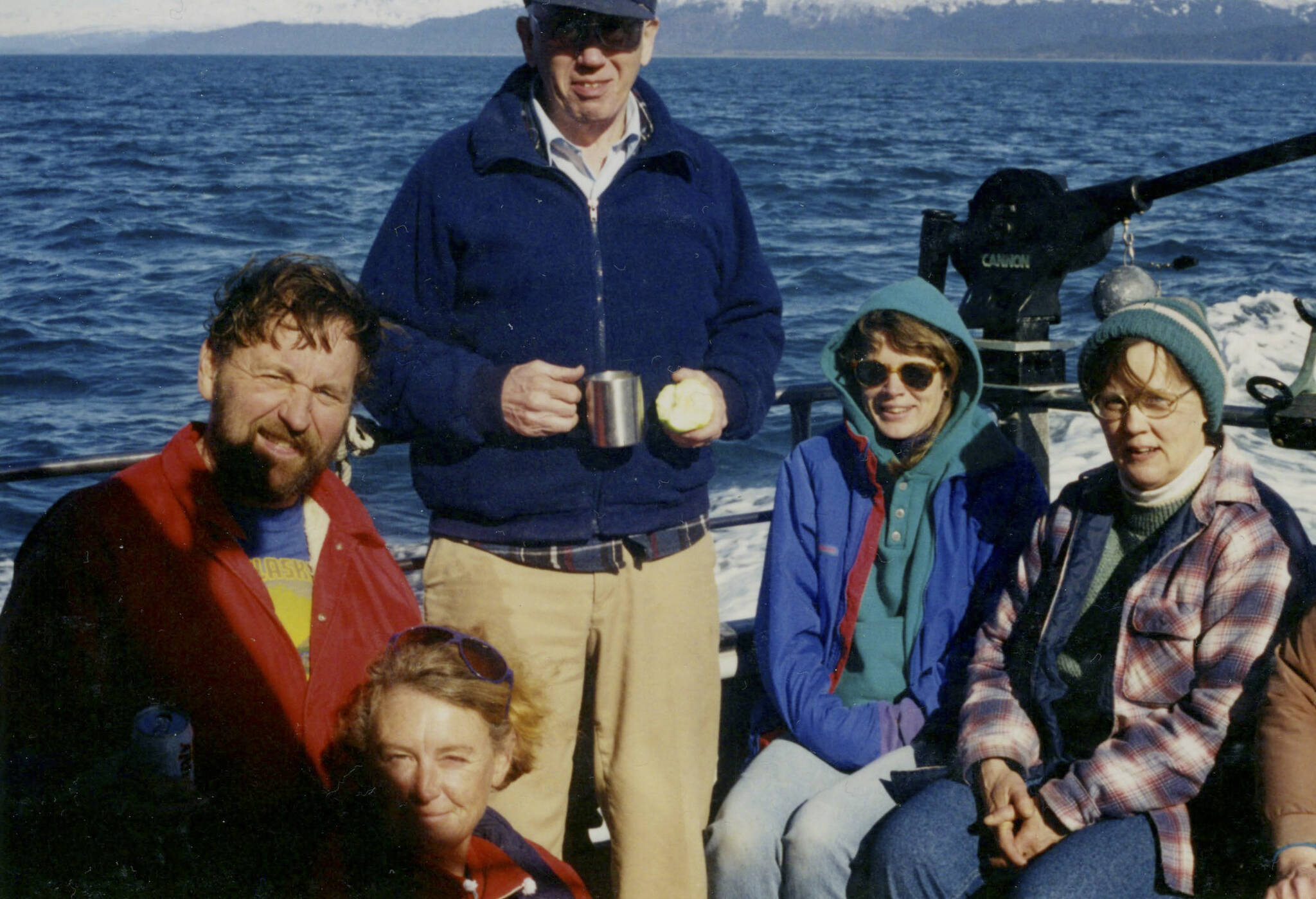 At left are Roger and Kathy Hernsteen, “Mr. and Mrs. Crab,” who lead onboard oceanography progrms. With them are Mitch Mitchell, Lisa Ellington and former CACS Director Janet Middleton. (Photo courtesy CACS)