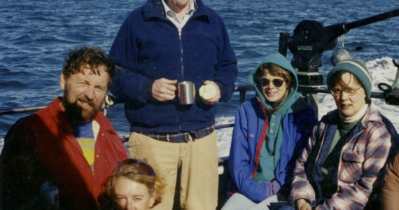 At left are Roger and Kathy Hernsteen, "Mr. and Mrs. Crab," who lead onboard oceanography progrms. With them are Mitch Mitchell, Lisa Ellington and former CACS Director Janet Middleton. (Photo courtesy CACS)