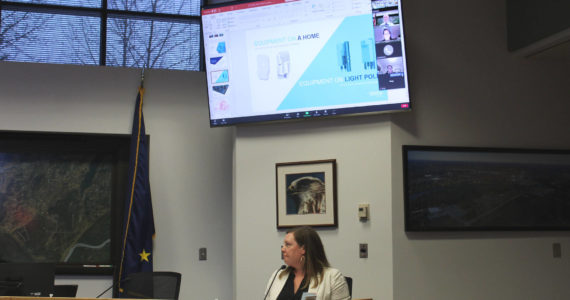 Soldotna City Manager Stephanie Queen listens to a presentation from Alaska Communications during a meeting of the Soldotna City Council on Wednesday, March 9, 2022 in Soldotna, Alaska. (Ashlyn O’Hara/Peninsula Clarion)
