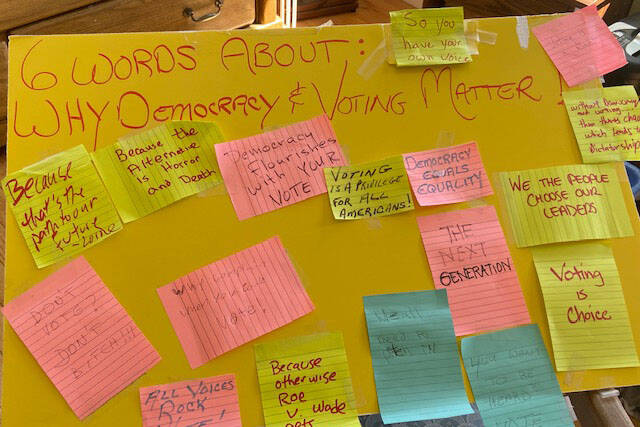 Sticky notes filled out in response to the question “Why does Democracy and voting matter?” are photographed on Saturday, June 25, 2022, in Soldotna, Alaska. (Photo courtesy Alex Koplin)