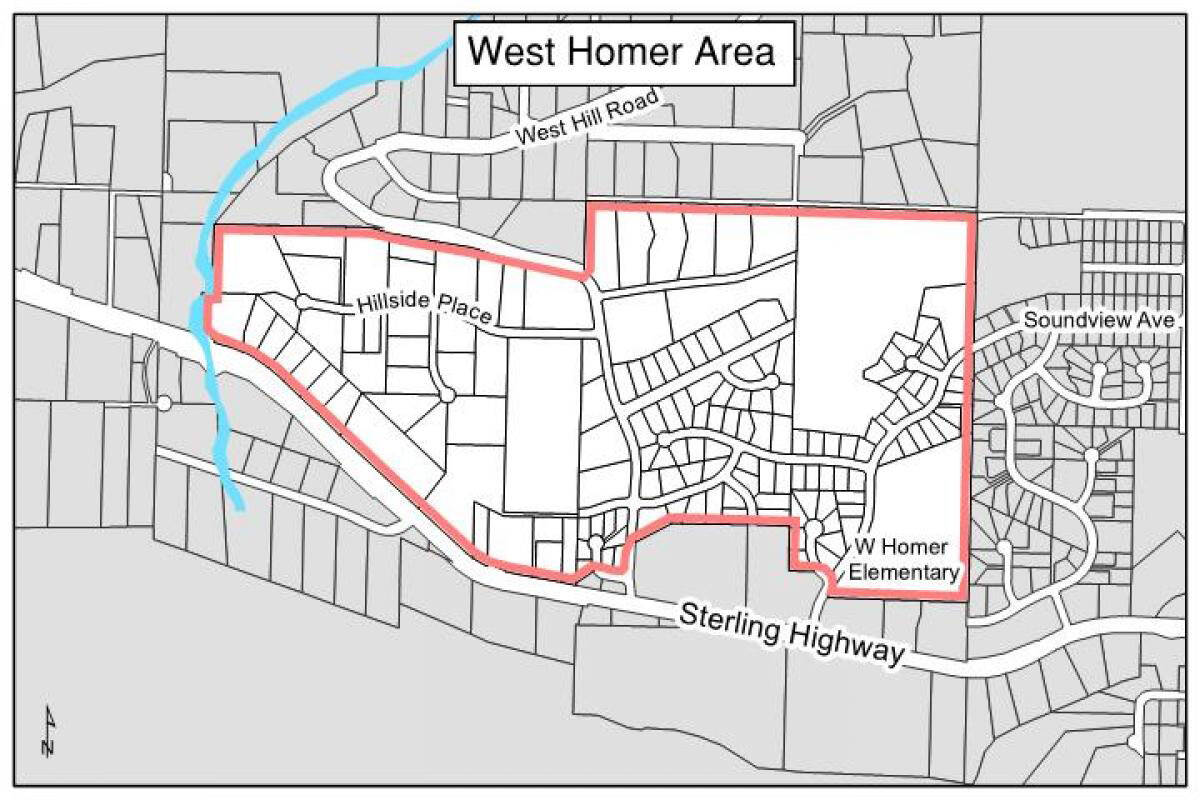 This map shows a proposed rezone from rural residential to urban residential for the lower West Hill Road area. The Homer Planning Commission recommended only rezoning the area east of West Hill Road, and the Homer City Council introduced an ordinance at its June 27 meeting to just rezone the east side. (Map courtesy of city of Homer)