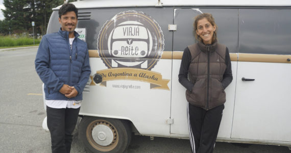 Photo by Michael Armstrong/Homer News

Louis Garnero, left, and Maria Bisotto, right, stand next to their 1986 Volkswagen van on Thursday, July 7, 2022, in the parking lot of the Homer Public Library in Homer, Alaska. From Cordoba, Argentina, starting in 2016 they drove their Type 2 VW Kombi all the way from Argentina to Alaska, about 70,000 miles. Garnero and Bisotto arrived in Homer at the End of the Road on Wednesday, July 6. 
They stayed in Mexico for 18 months during the COVID-19 pandemic. They have written about their adventures in a book in Spanish, "LiberArte: Historia de viaje y algo mas," with illustrations by Garnero. "Viaja y reite" means "travel and laugh" in Spanish.
The couple converted the van to a camper themselves. Although VW quit exporting the T2 to United States in 1979, it continued to make the T2 microbus in Brazil until 2013.
For more on their adventures, visit https://viajayreite.com/liberarte-historias-de-viaje-y-algo-mas.
 https://viajayreite.com/liberarte-historias-de-viaje-y-algo-mas/