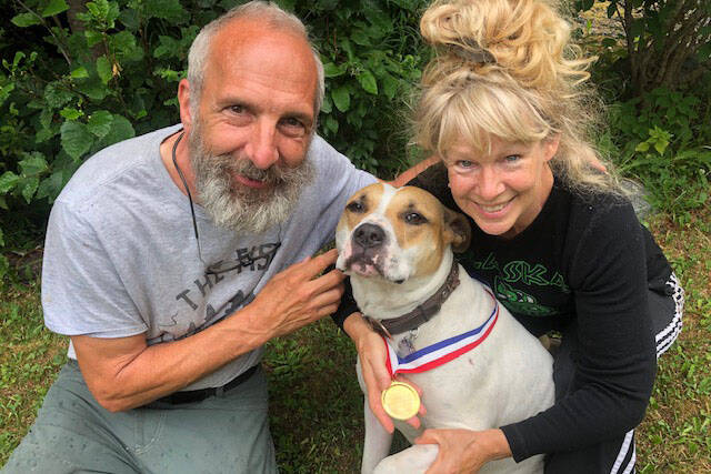Greg and Teresa Groeneweg pose with their dog Ace, who is wearing a life saver medal Greg received from the Anchorage Fire Department years ago. He said Ace deserves it now more than him, for fighting off a bear. (Courtesy Greg Groeneweg)