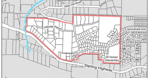 This map shows a proposed rezone from rural residential to urban residential for the lower West Hill Road area. The Homer Planning Commission recommended only rezoning the area east of West Hill Road, and the Homer City Council introduced an ordinance at its June 27 meeting to just rezone the east side. (Map courtesy of city of Homer)