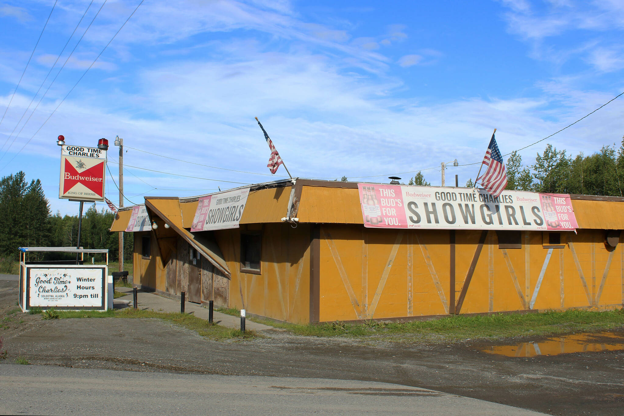 Signage marks the entrance to Good Time Charlies on Tuesday, Aug. 2, 2022, in Soldotna, Alaska. (Ashlyn O’Hara/Peninsula Clarion)