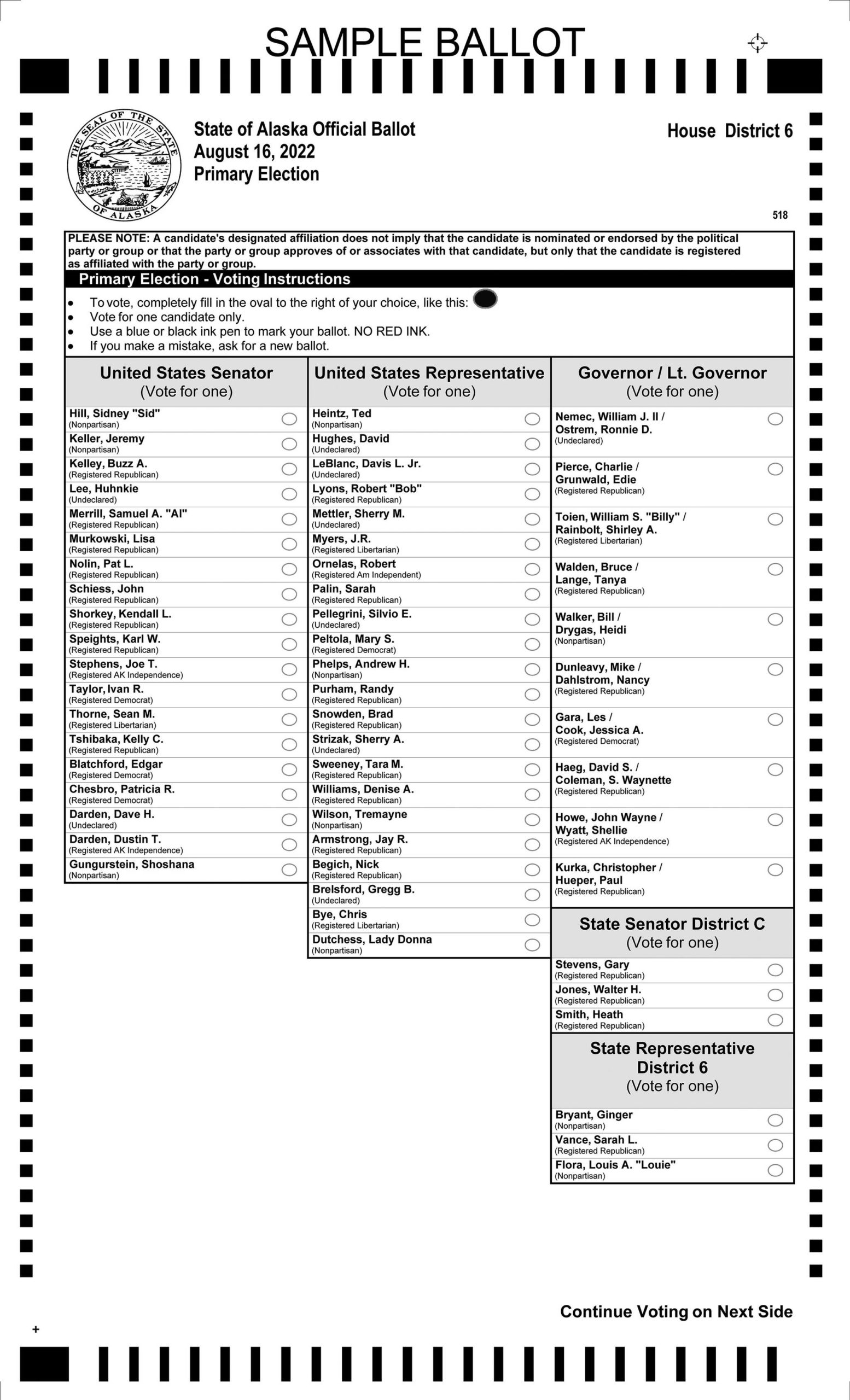 This sample ballot shows the primary election races for the House District 6 election to be held on Tuesday, Aug. 16, 2022, on the Southern Kenai Peninsula. (Courtesy Alaska Division of Elections)