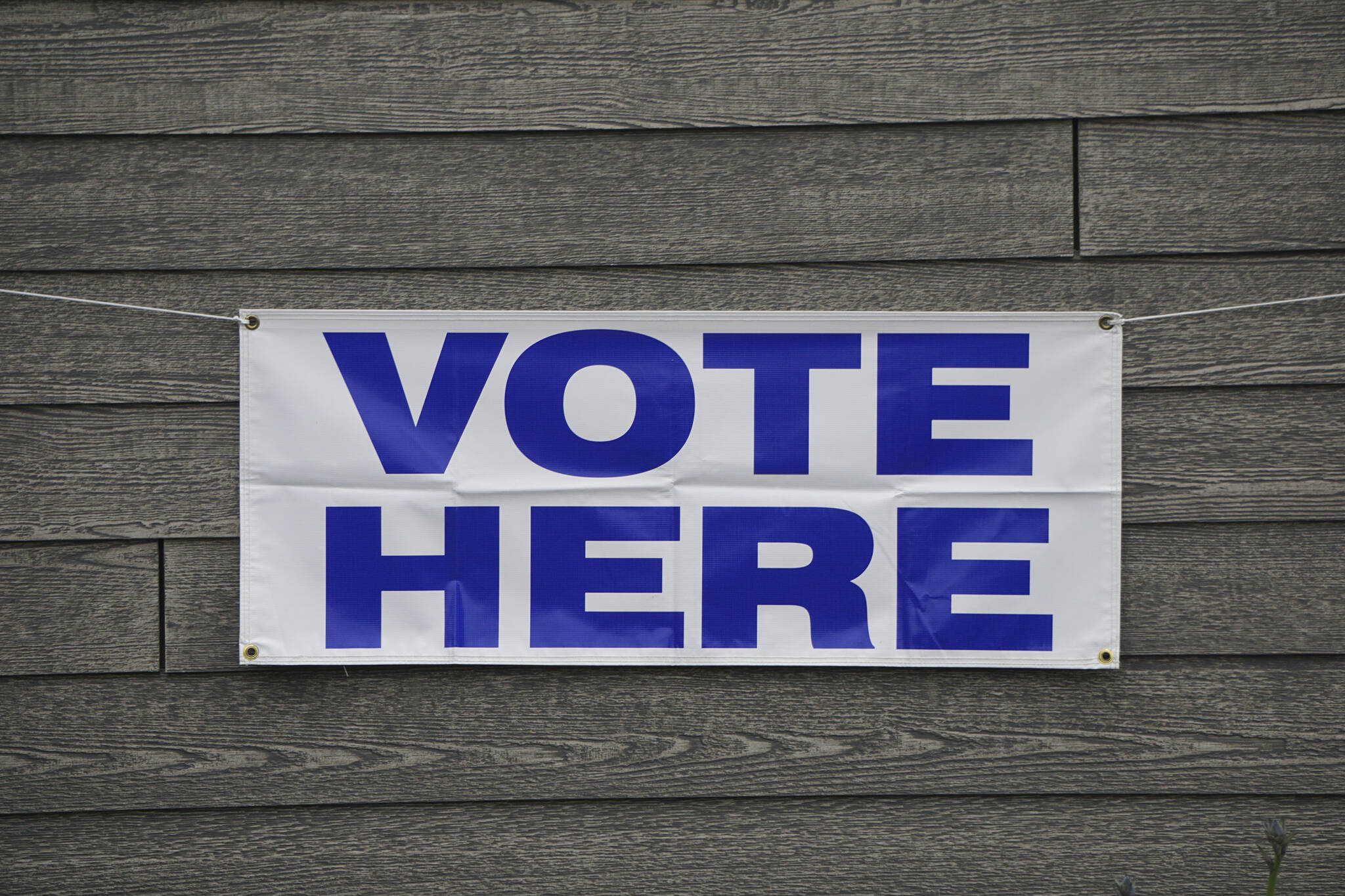 A banner at Homer City Hall identifies the building as a voting precinct. Early voting runs at city hall from 8 a.m. to 5 p.m. today, Friday and Monday in Homer, Alaska. (Photo by Michael Armstrong/Homer News)