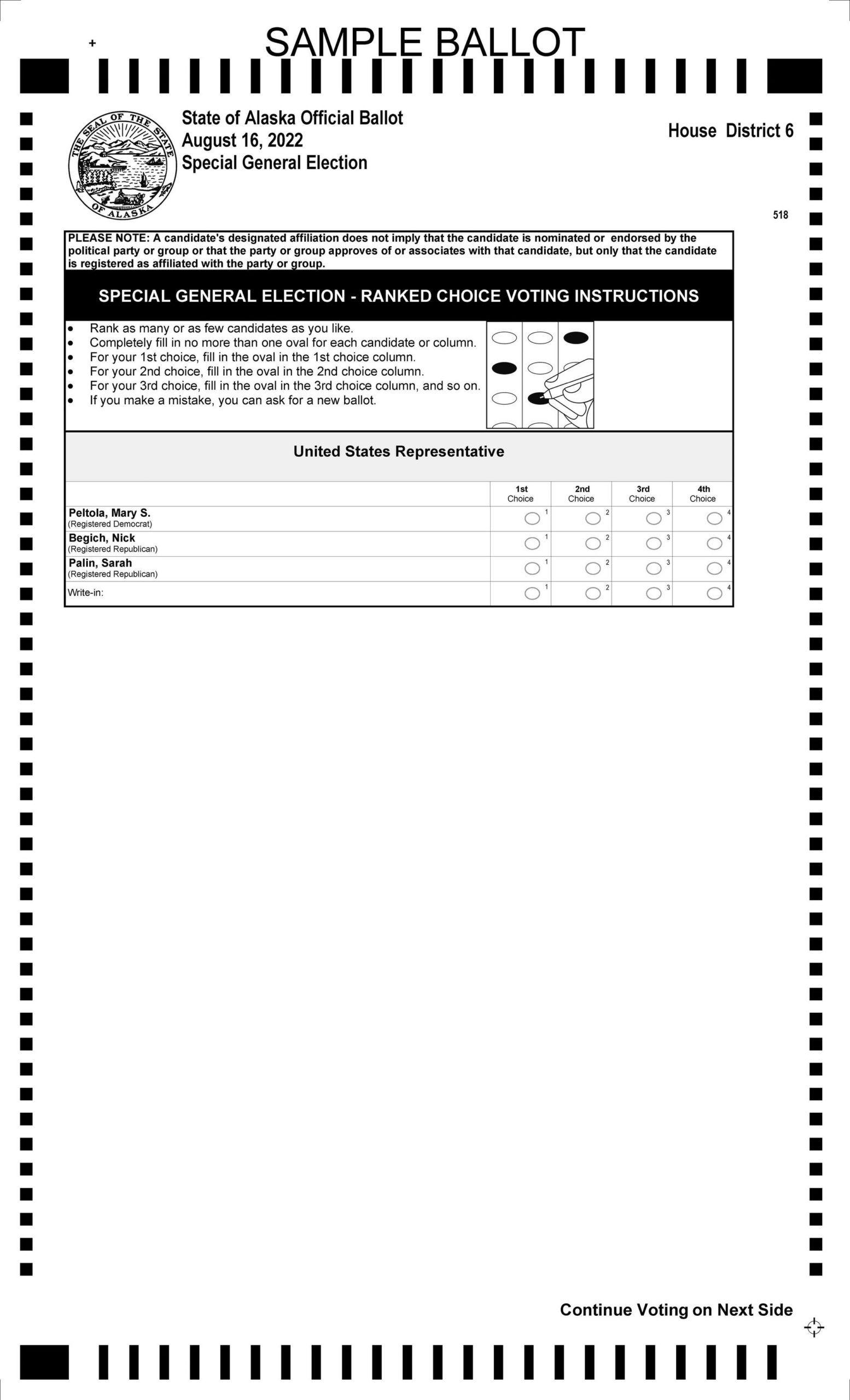 This sample ballot shows the special election race for U.S. Representative for the House District 6 election to be held on Tuesday, Aug. 16, 2022, on the Southern Kenai Peninsula. The special election is the first time Alaskans will use ranked-choice rating, where they can rank first, second or third the candidates. (Courtesy Alaska Division of Elections)