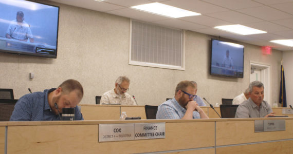 Assembly members participate during a meeting of the Kenai Peninsula Borough Assembly on Tuesday, June 21, 2022, in Soldotna, Alaska. (Ashlyn O’Hara/Peninsula Clarion)
