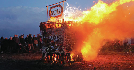 Recover, the 18th annual Burning Basket, starts to burn on Sunday, Sept. 12, 2021, at Mariner Park on the Homer Spit in Homer, Alaska. (Photo by Michael Armstrong/Homer News)