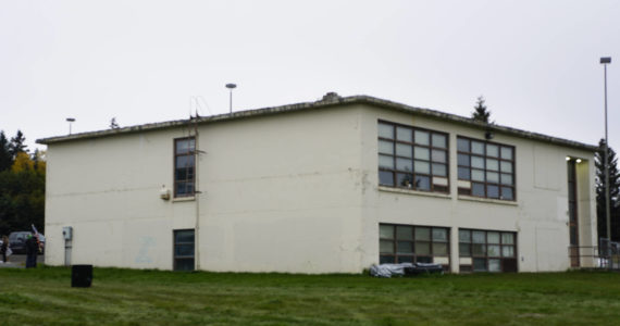 The small Homer Educational and Recreational Complex, or HERC, building is seen here on Oct. 2, 2021, in Homer, Alaska. Known as HERC 2, the former school building had been used as a shop by the Public Works Department, but staff relocated into HERC 1, the larger building, after cracks appeared in the walls and city officials had concerns about the building collapsing during an earthquake. (Photo by Michael Armstrong/Homer News)